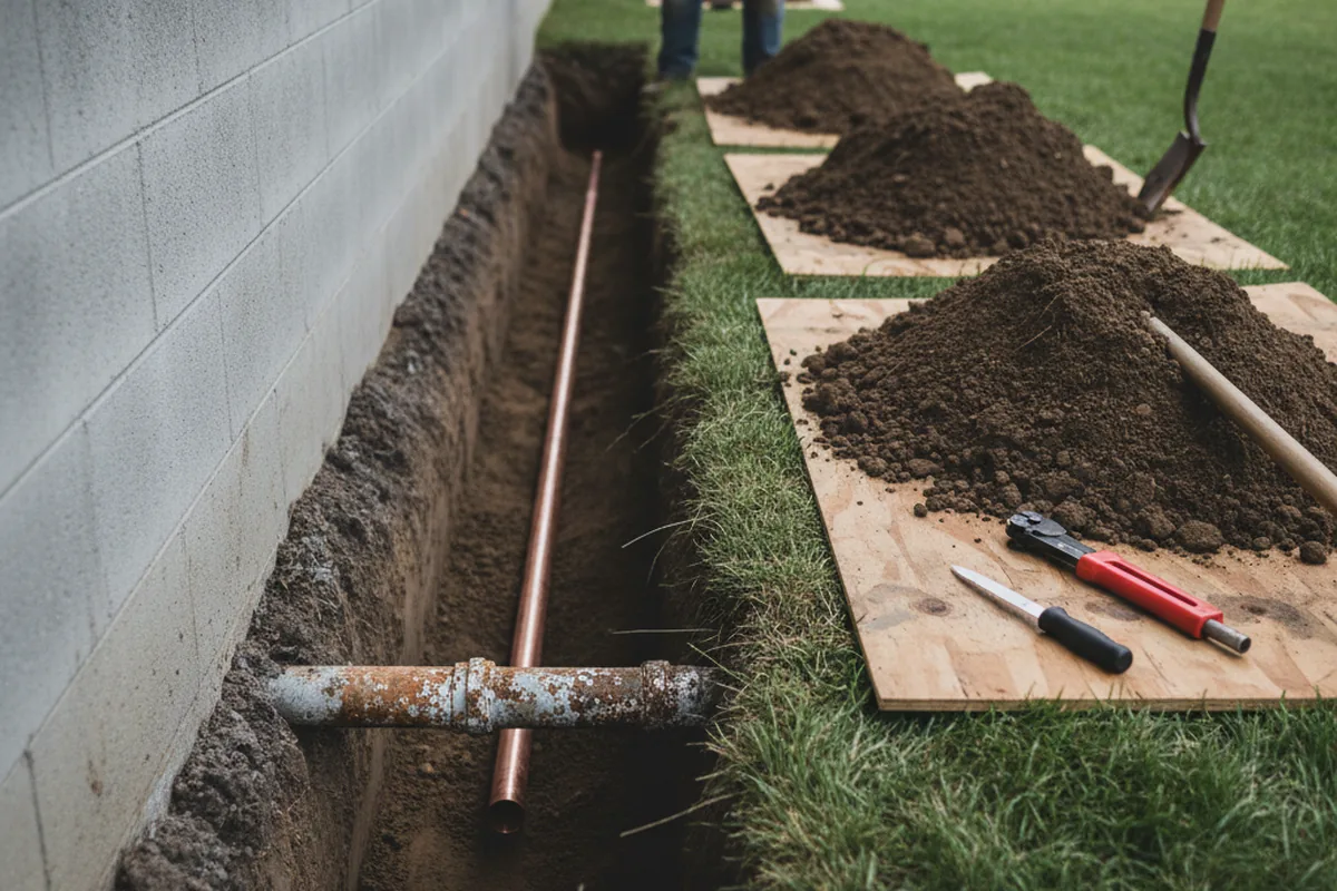 Excavated water line trench during Water Softener Installation in Deerton